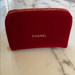 Festive red velvet Chanel makeup bag